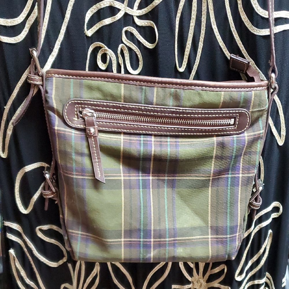 Chaps Olive and Brown Plaid Crossbody Bag